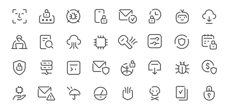 Cybersecurity and data protection outline icons, privacy and secure access