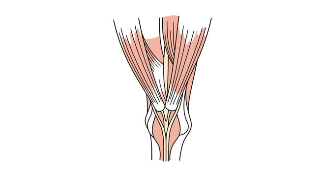 Detailed anatomical illustration of the human knee joint and surrounding muscles.