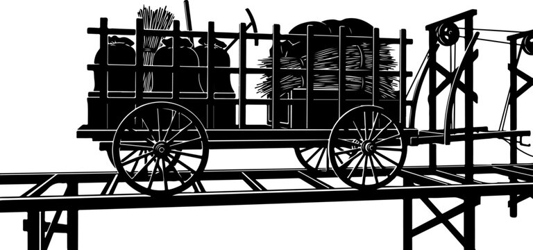 Vintage cargo wagon, old cart, wooden wheels, industrial railway, black silhouette, vector illustration