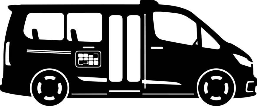 Black silhouette van, side view, vehicle icon, transportation symbol