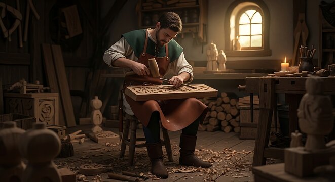 Craftsman meticulously carves intricate details into wood