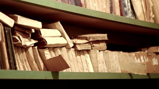 Rows Of Old Archive Folders And Vintage Documents. Forgotten History Catalog In Storage Rack