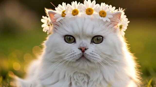 Close up portrait of a fluffy white Persian kitten with striking blue eyes looking forward as a cute domestic feline pet