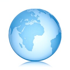 Naklejka premium Blue globe with continents, oceans, and reflection on white background.