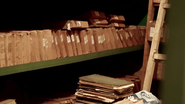 Rows Vintage Documents  in Storage. Historical Records and Paper Folders 