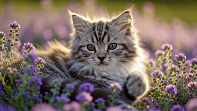 An adorable young white kitten with striking eyes and soft fur sits in the green grass, a cute domestic feline portrait of a pet animal looking forward in a natural outdoor setting