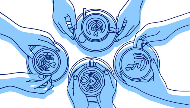 Blue Coffee Cheers Shadow Illustration with Hands Holding Latte Cups and Social Gathering Concept