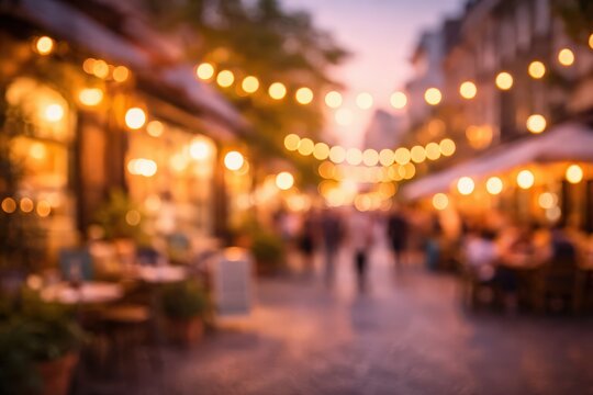 blurred abstract background outdoor cafe restaurant city street night sunset string lights bokeh evening atmosphere travel lifestyle urban dining