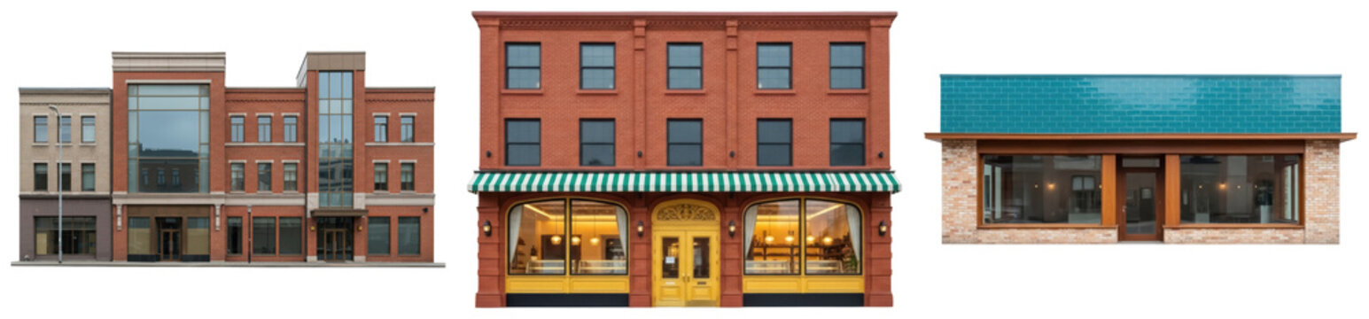 Collection of diverse commercial building facades and storefronts, isolated on transparent background.