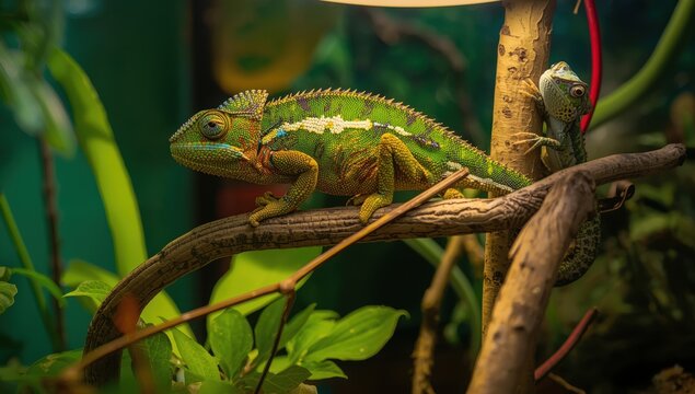 A stunning Veiled Chameleon perches on a branch in its habitat near a heat source. These remarkable creatures can change their colors as required.
