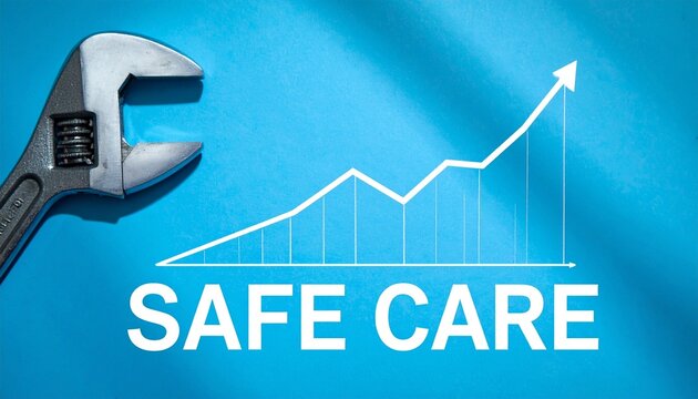 A metallic wrench beside stylized yellow bar graph with upward arrow and bold text &ldquo;SAFE CARE&rdquo; on bright blue background, symbolizing safety, improvement, and reliable practices.