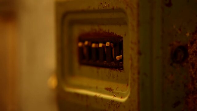 Old Electrical Switch Box. Vintage Control Panel With Toggle Levers In Abandoned Industrial Building. Ancient Circuit Breaker