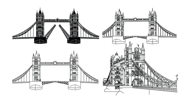 Detailed line art depictions of tower bridge from various perspectives