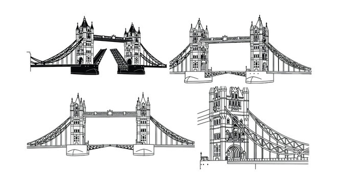 Detailed line art depictions of tower bridge from various perspectives