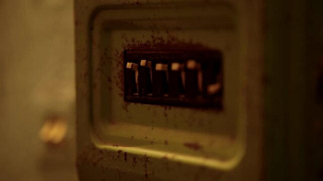 Old Rusty Electrical Switchboard In Abandoned Factory. Analog Technology From Soviet Era