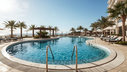 Fototapeta premium Expansive circular pool with stainless steel staircase, safety ladder, clear water, marble border, and linear drains at a luxury resort.