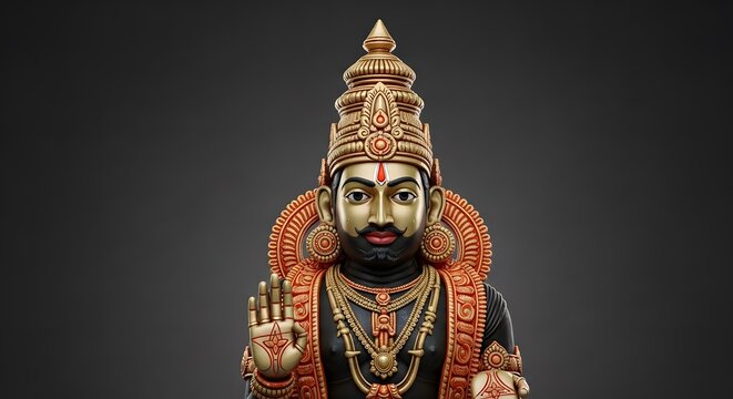 Close-up of a Hindu deity statue featuring a golden crown and blessing hand gesture.
