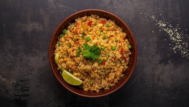 Genuine Chinese and Asian egg vegetable fried rice in a ceramic bowl, seen from above on a dark rustic table. Classic Chinese cuisine.