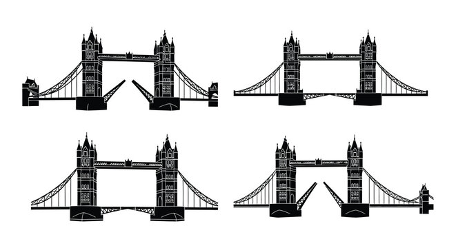 Detailed line art depictions of tower bridge from various perspectives