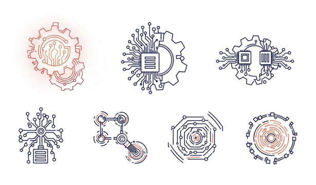 Futuristic digital technology and circuit gear icon set with data integration and electronic engineering symbols vector
