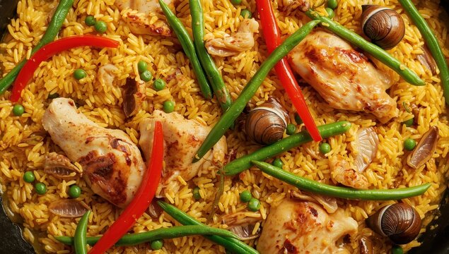 Classic Valencian paella featuring rabbit, chicken, garrofon beans, snails, Moroccan green beans, and saffron on a white background.