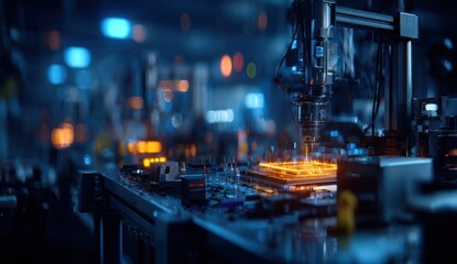 Futuristic manufacturing scene with robotic arms operating high-tech machinery in a modern industrial environment
