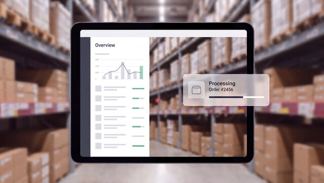 Warehouse order management and inventory overview dashboard on tablet with order processing tracking and analytics for ecommerce logistics supply chain operational efficiency