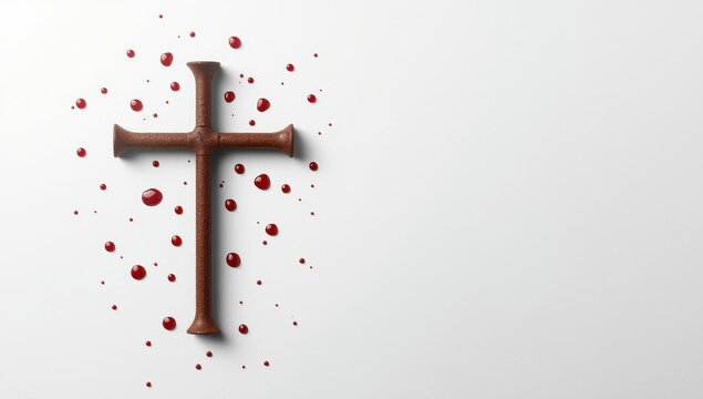 Rusty nails form a cross with blood on a white backdrop. Space for text. Good Friday, Easter. Christian theme. Biblical faith, salvation idea. Jesus' crucifixion.