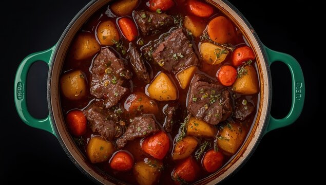 Stewed beef with potatoes, carrots, and spices on a black background, overhead view, with blank space. Cozy homemade winter dish - slow-cooked meat stew.