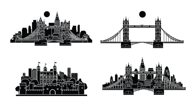 Silhouetted skylines of european cities displayed in a monochrome style