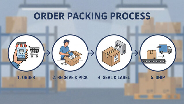  Ecommerce order packing process infographic showing online purchase receiving picking sealing labeling and shipping steps for warehouse fulfillment logistics and supply chain management