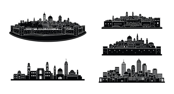 Silhouetted skylines of european cities displayed in a monochrome style