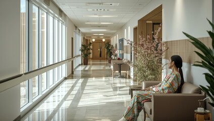 Fototapeta premium Hospital hallway featuring a safety rail and seating, depicting a serene medical atmosphere with a partially visible seated patient.