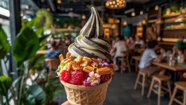 Charcoal and matcha soft serve topped with assorted ingredients at a Bangkok dessert cafe, a beloved treat, tasty and refreshing, ideal summer dessert with Asian flavors and balanced taste.