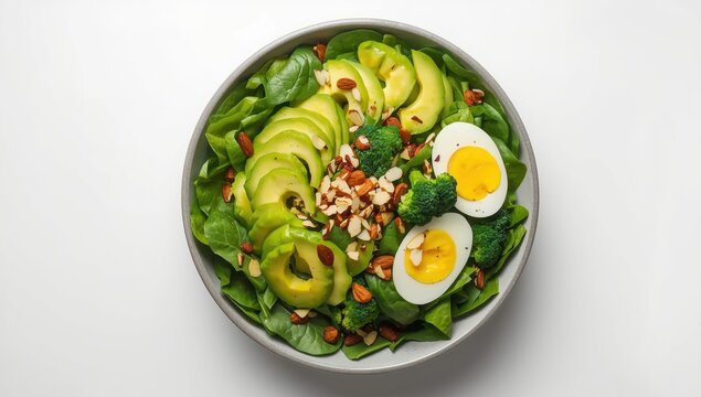 Bowl of avocado salad featuring boiled eggs, broccoli, spinach, and almonds on a white backdrop. Aerial view.