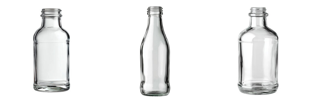 Set of A clear glass laboratory flask bottle on transparent png background. Ai generated