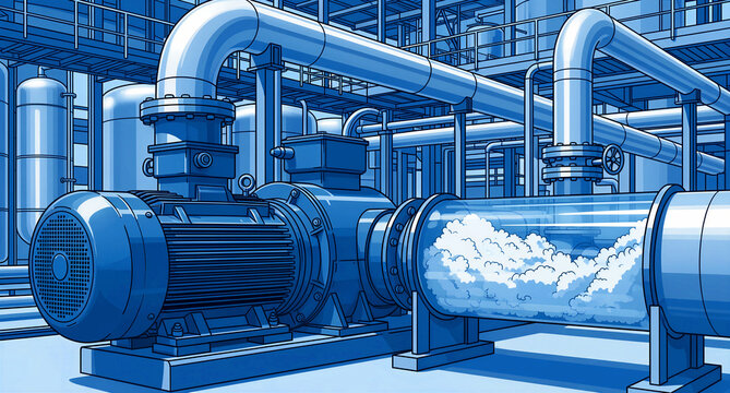 Industrial pump machinery shown in a technical blue illustration. Transparent pipes reveal internal processing of raw materials. Manufacturing efficiency concept for textile industry marketing.
