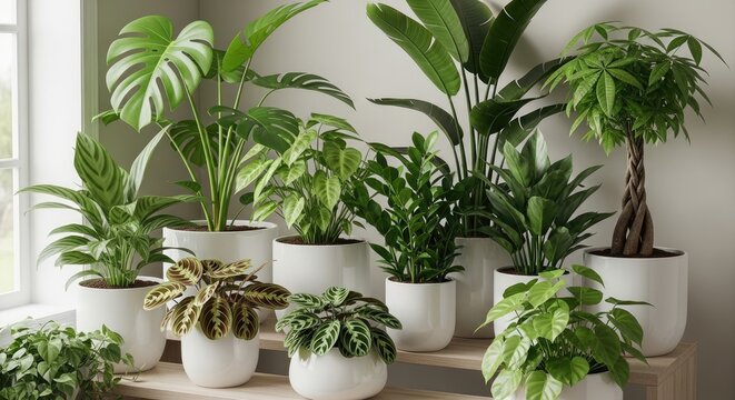 A lush indoor garden with a variety of plants, including a large palm tree, a snake plant, and a peace lily, arranged in a visually appealing manner.