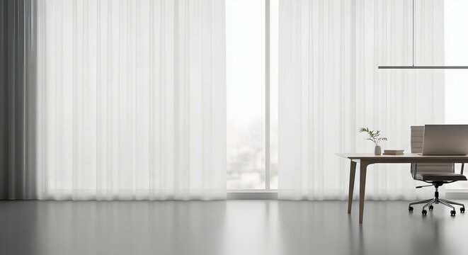 Minimalist home office interior, modern workspace with white curtains, bright corporate studio