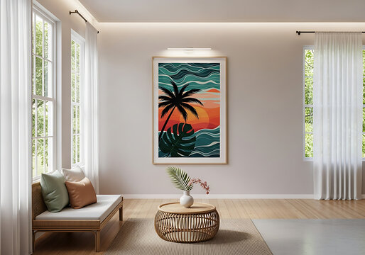 Coastal artwork illustration in a light filled living room interior design