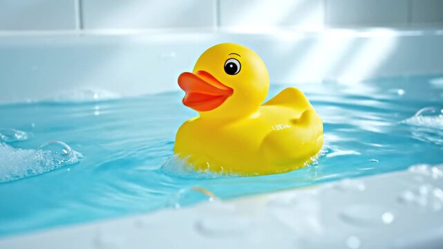 Yellow rubber duck floating in blue water bath time concept
