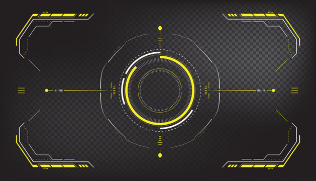 Futuristic HUD Target Interface with Circular Reticle and Yellow Vector Elements on Dark Grid