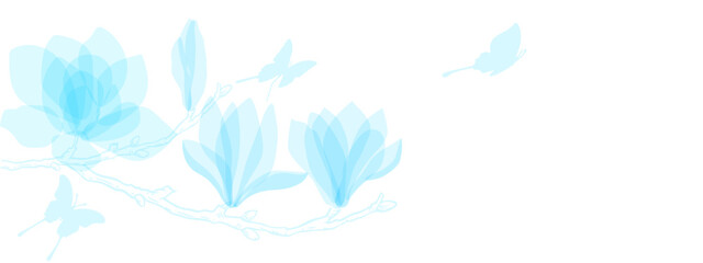 Naklejka premium blue flowers magnolia and blue butterfly on a blue background.ai
