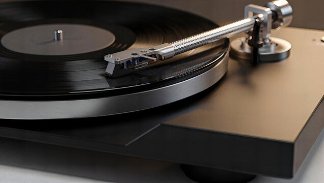 Close up of modern vinyl record player turntable with tonearm and stylus needle