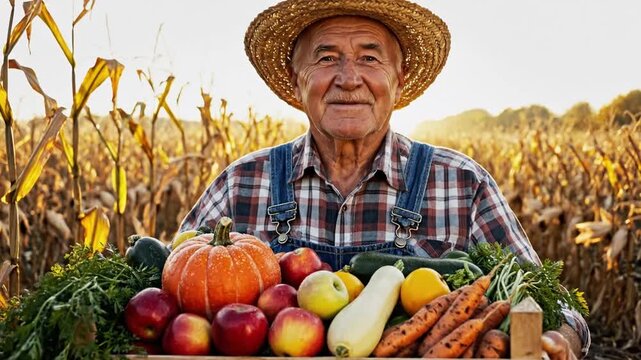 Farmer holding wooden crate of fresh produce in sunny agricultural field
