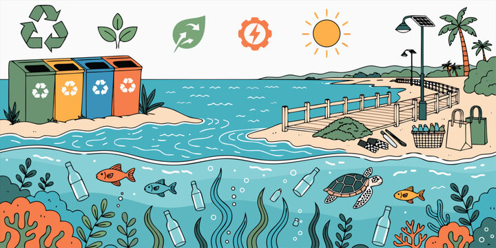 A colorful vector illustration of a beach scene highlighting the importance of recycling and reducing plastic waste in the ocean.