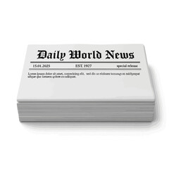 Newspaper articles piled high on desk with mock headlines reading Daily World News © John