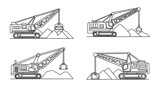 Line art illustrations of bucket chain excavators in various positions