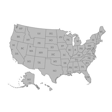 Map illustration of the United States showing all states and their borders in grey