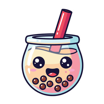 Cartoon boba tea with straw smiling.